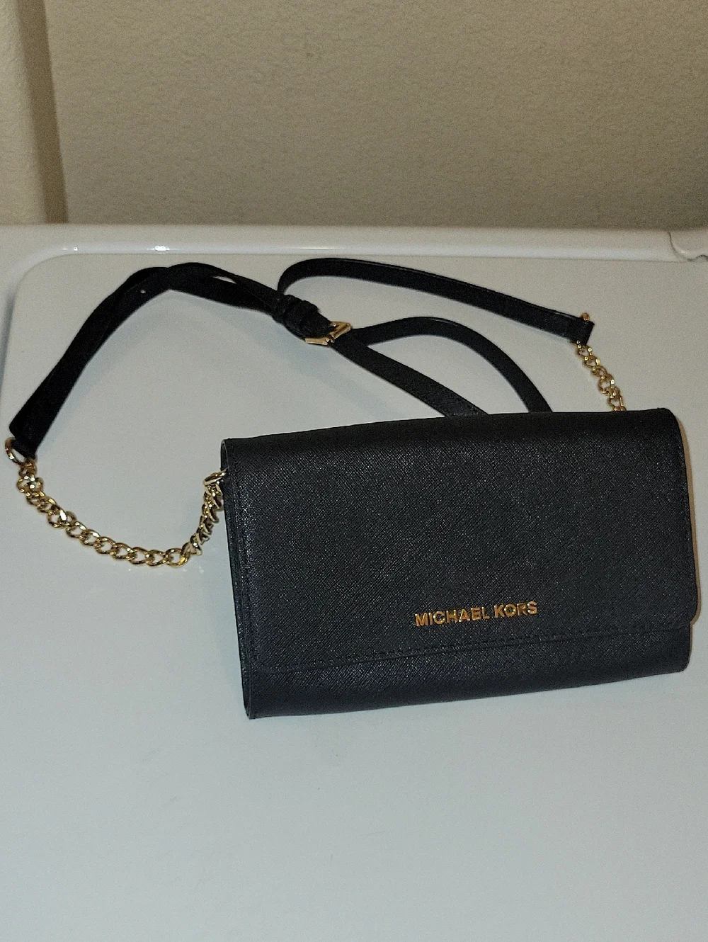 Michael Kors Black Crossbody Wallet with Gold Chain Accent - Picture 1 of 6